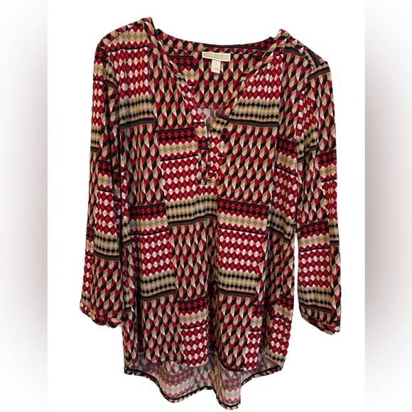 Dana Buchman Red and Black Boxy Blouse with Mandarin Collar - Picture 1 of 5